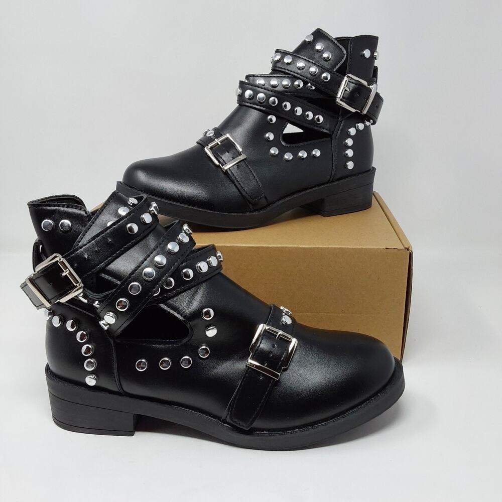 Women's Black Studded Buckle Moto Ankle Boots EU 40 US 9 Goth Punk NIB